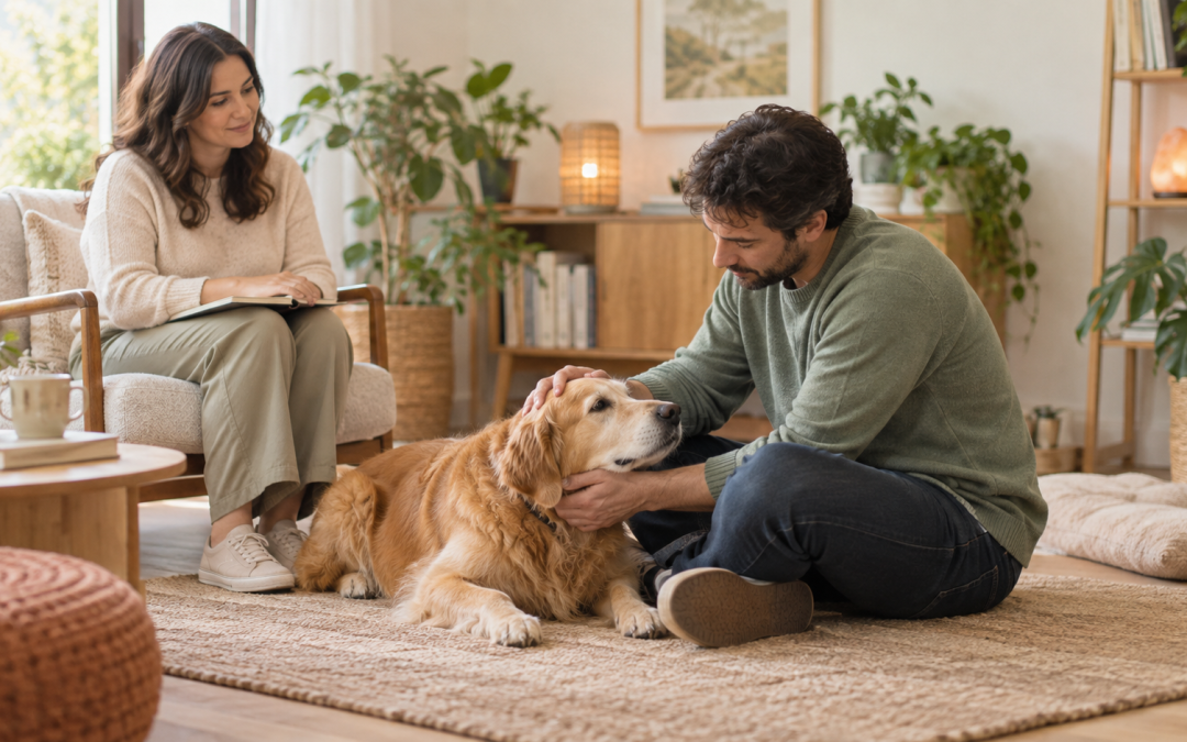 Persona participando en una sesión de terapia asistida con un perro