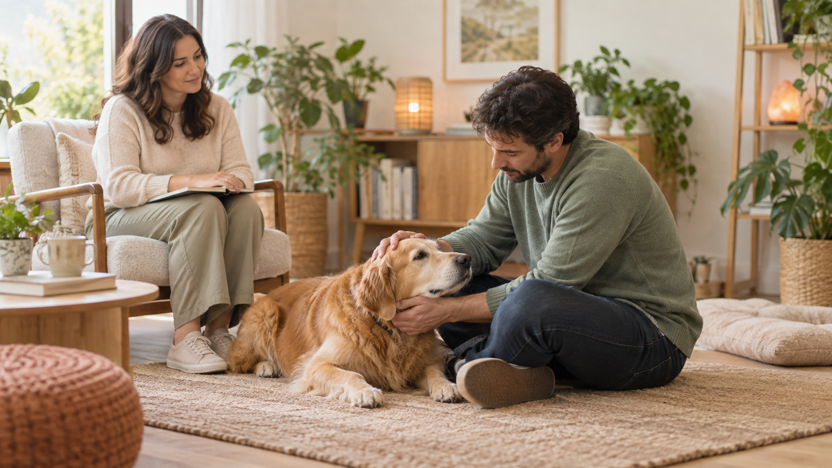 Persona participando en una sesión de terapia asistida con un perro