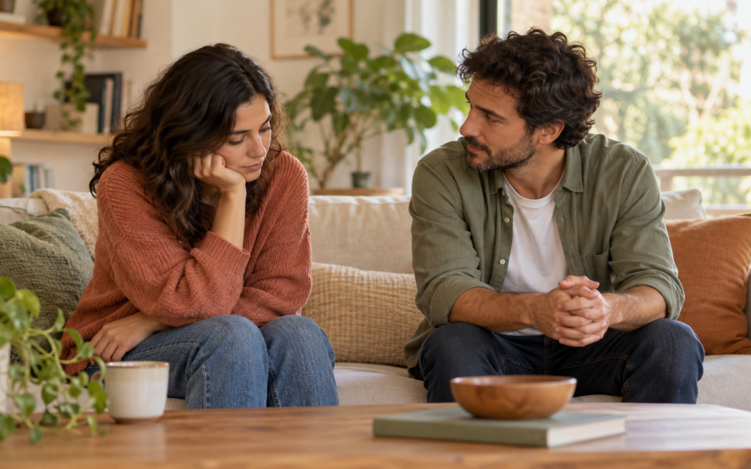 Dos personas conversan con calma mientras una ofrece apoyo y escucha a la otra en un espacio acogedor