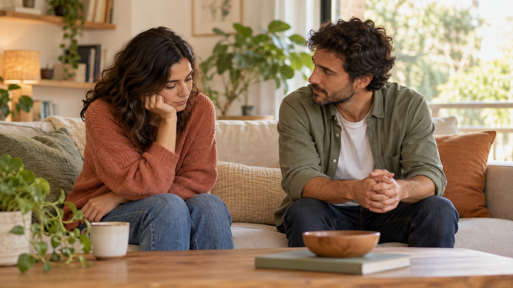 Dos personas conversan con calma mientras una ofrece apoyo y escucha a la otra en un espacio acogedor
