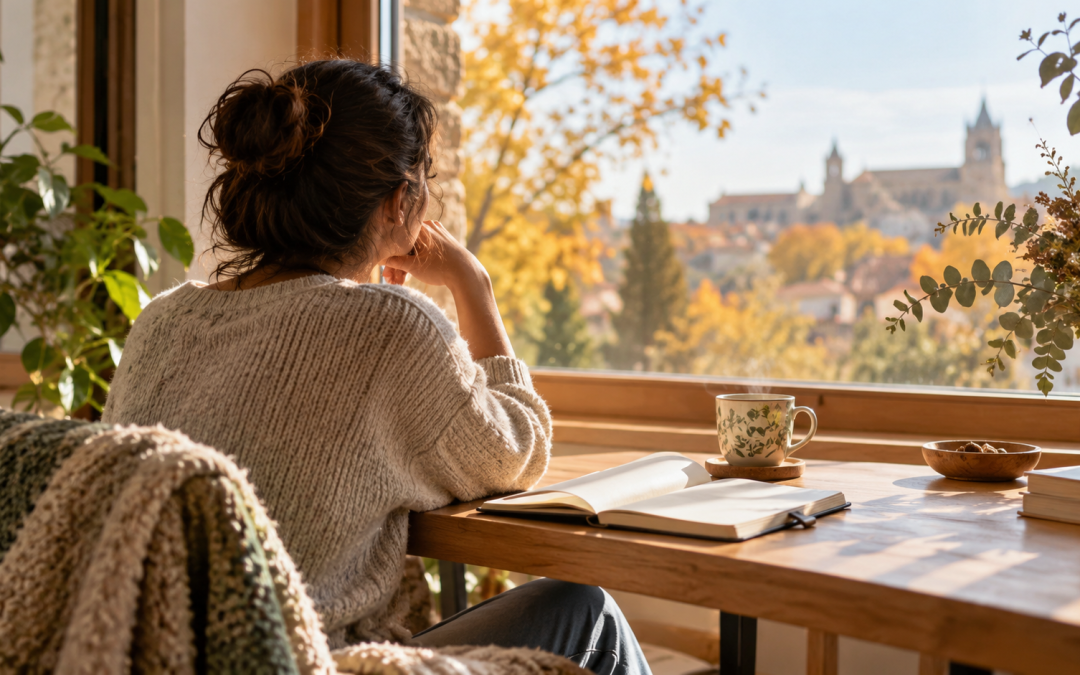 Persona haciendo una pausa consciente junto a una ventana en una mañana de otoño
