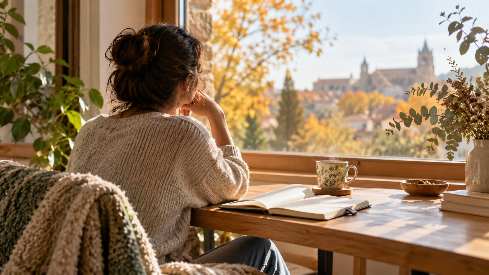 Persona haciendo una pausa consciente junto a una ventana en una mañana de otoño
