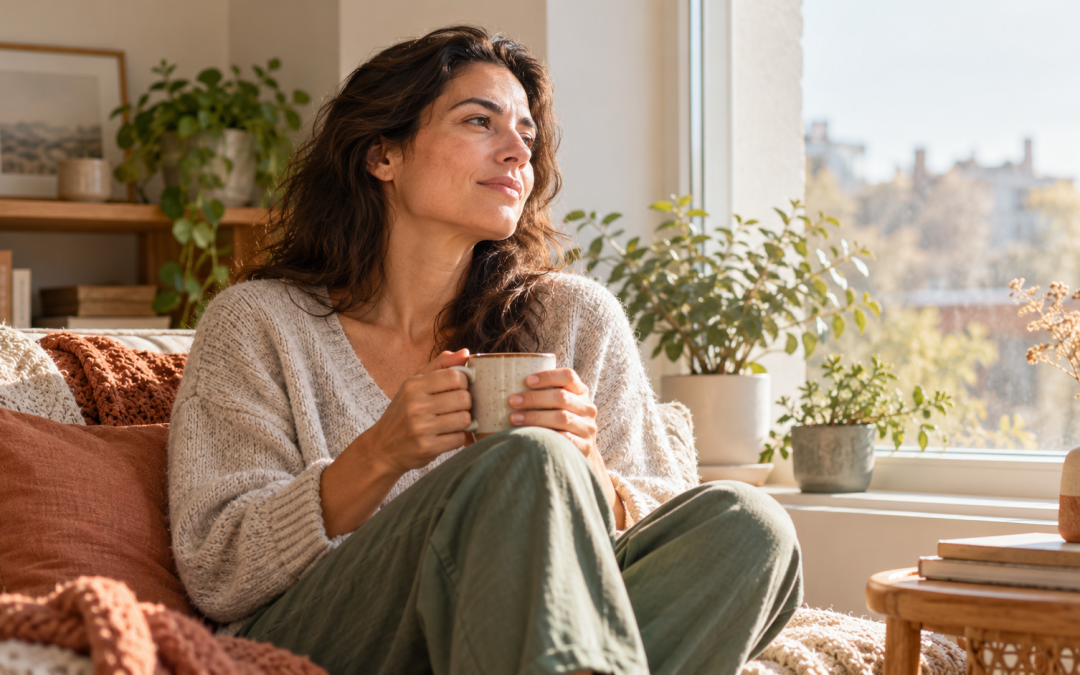 Mujer sentada junto a una ventana sosteniendo una taza y observando con calma sus sensaciones