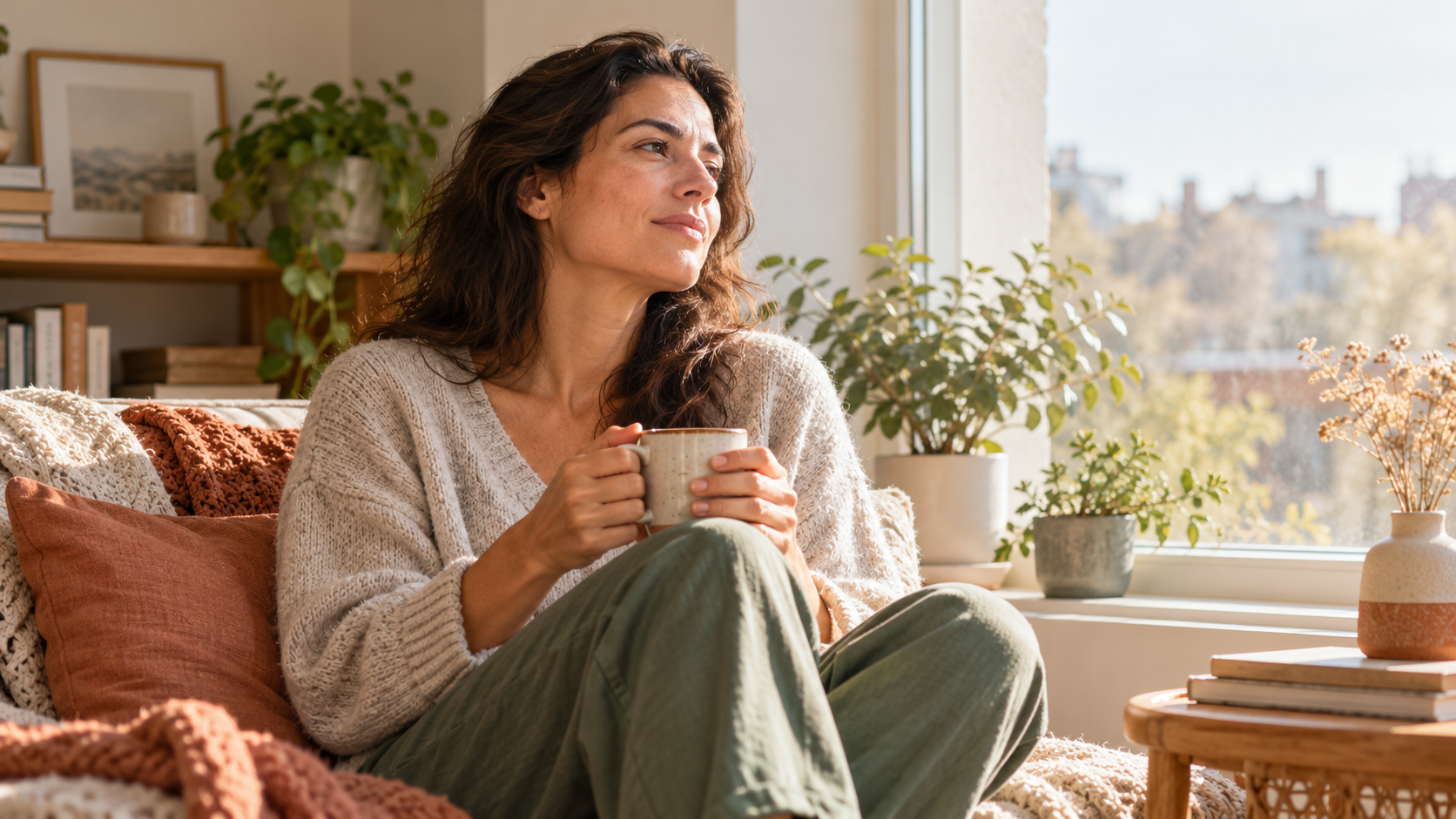 Mujer sentada junto a una ventana sosteniendo una taza y observando con calma sus sensaciones